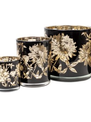 Windlicht 7,3 x 8 Blume | Glas schwarz/gold |