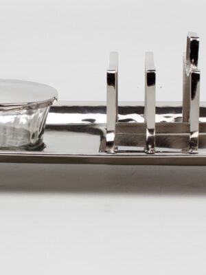 Tablett mit Toastständer und Schale mit Deckel | Edelstahl vernickelt, Glas |