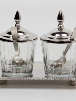 Geleedosen auf Tablett | Edelstahl vernickelt, Glas |