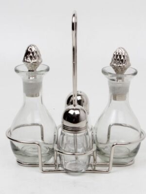 Menage Set, Essig, Öl, Salz & Pfeffer | Edelstahl vernickelt , Glas |