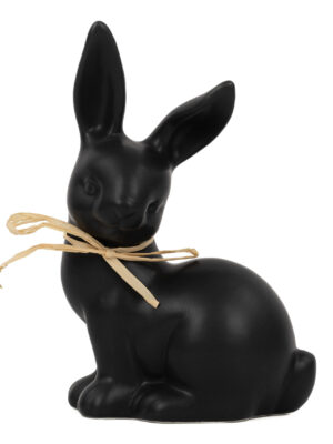 Hase sitzend schwarz matt | Porzellan mit Schleife S |
